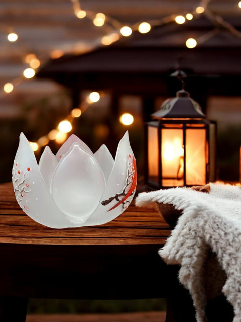 Frosted Glass Lotus Blossom Candle Holder - Red Cardinal