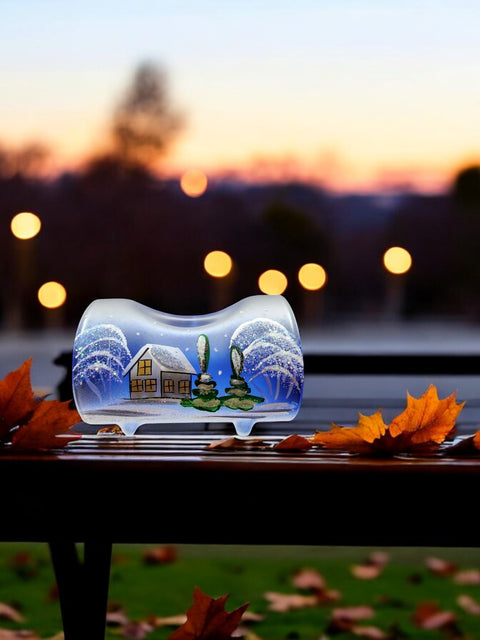 Blue Glass Single Candle Holder - Brown Cabins Yule Log Style