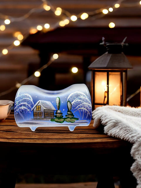 Blue Glass Single Candle Holder - Brown Cabins Yule Log Style