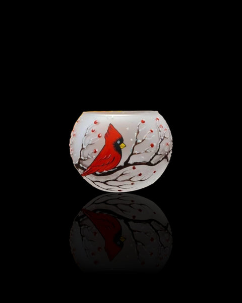 Medium Frosted Glass Candle Holder, Hand Crafted in Ukraine, Cardinal, Wonderful Year Round