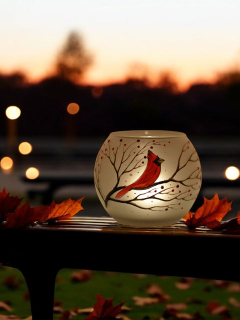 Frosted Glass Candle Holder - Red Cardinal - Multiple Sizes