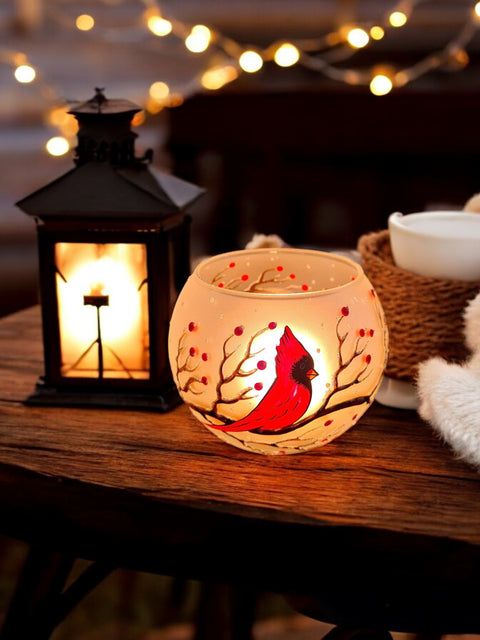 Frosted Glass Candle Holder - Red Cardinal - Multiple Sizes