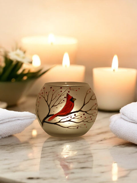 Frosted Glass Candle Holder - Red Cardinal - Multiple Sizes