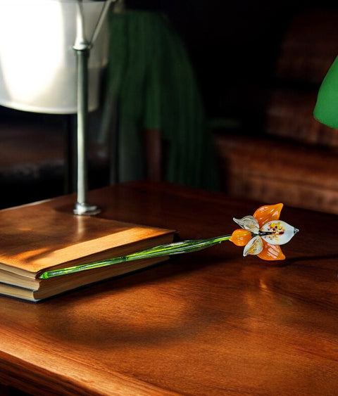 Orange Glass Orchid, Handcrafted Glass Flower, Hand Made In Ukraine Using Murano Quality Glass, Great Gift For Flower Lovers, 12 Inch Orchid