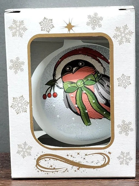 White Blown Glass Ornament - Finch In Christmas Hat - Made In Ukraine - European Christmas Bird - Keepsake Ornament