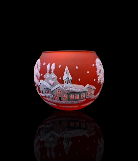 Medium Red Glass Candle Holder, Hand Crafted in Ukraine, White Church Winter Wonderland, Wonderful Year Round
