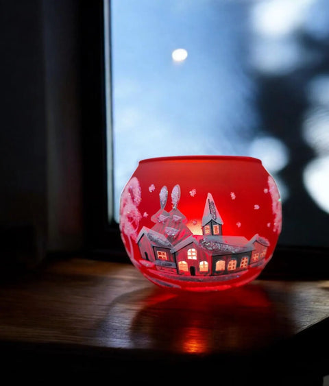 Medium Red Glass Candle Holder, Hand Crafted in Ukraine, White Church Winter Wonderland, Wonderful Year Round
