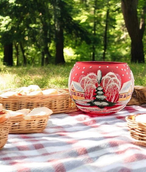 Large Red Glass Candle Holder, Hand Crafted in Ukraine, Brown Cathedral Winter Wonderland, Wonderful Year Round