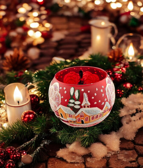 Large Red Glass Candle Holder, Hand Crafted in Ukraine, Brown Cathedral Winter Wonderland, Wonderful Year Round