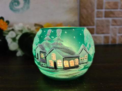 Small Green Glass Candle Holder, Hand Crafted in Ukraine, White Cabin Winter Wonderland, Wonderful Year Round