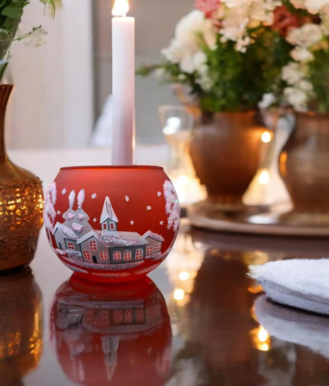 Medium Red Glass Candle Holder, Hand Crafted in Ukraine, White Church Winter Wonderland, Wonderful Year Round