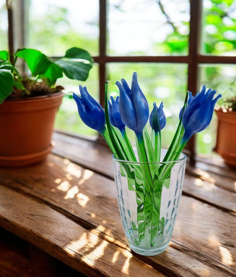 Light Blue Glass Tulip - Handcrafted Short Stem Flower