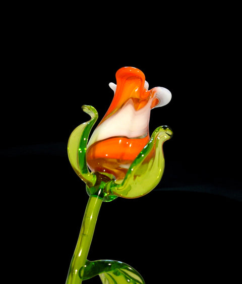 Glass flower long stem orange and white rose