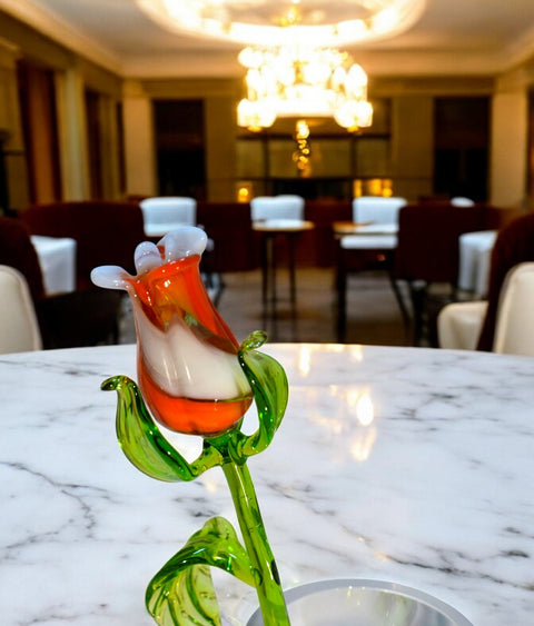Orange & White Glass Rose, Handcrafted Glass Flower, Hand Made In Ukraine Using Murano Quality Glass, Great Gift For Flower Lovers, 12 Inch Rose