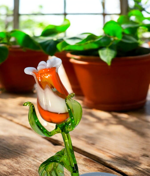 Orange & White Glass Rose, Handcrafted Glass Flower, Hand Made In Ukraine Using Murano Quality Glass, Great Gift For Flower Lovers, 12 Inch Rose