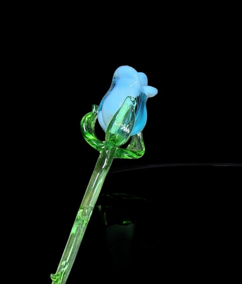 Light Blue Glass Rose - Handcrafted Short Stem Flower