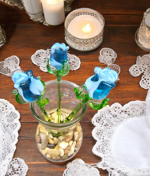 Light Blue Glass Rose - Handcrafted Short Stem Flower