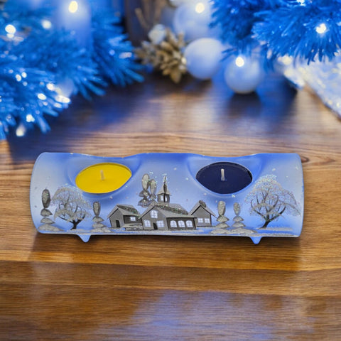 Light Blue Glass Double Candle Holder - White Church Yule Log Style