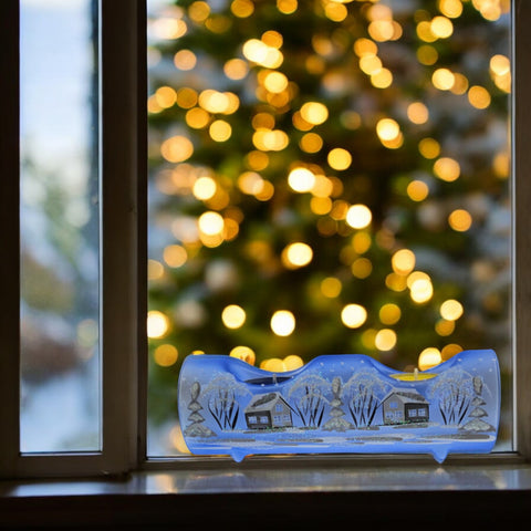 Light Blue Glass Double Candle Holder - White Church Yule Log Style