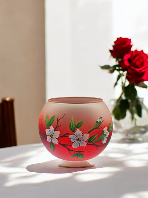 Large Red Glass Candle Holder, Hand Crafted in Ukraine, Dogwood Flower Design, Wonderful Year Round