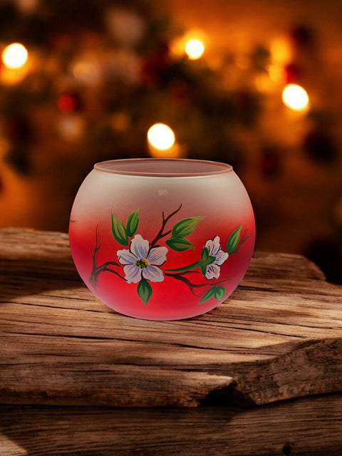 Large Red Glass Candle Holder, Hand Crafted in Ukraine, Dogwood Flower Design, Wonderful Year Round