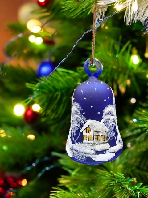 Blue Blown Glass Bell Ornament – White Church Design with Clapper