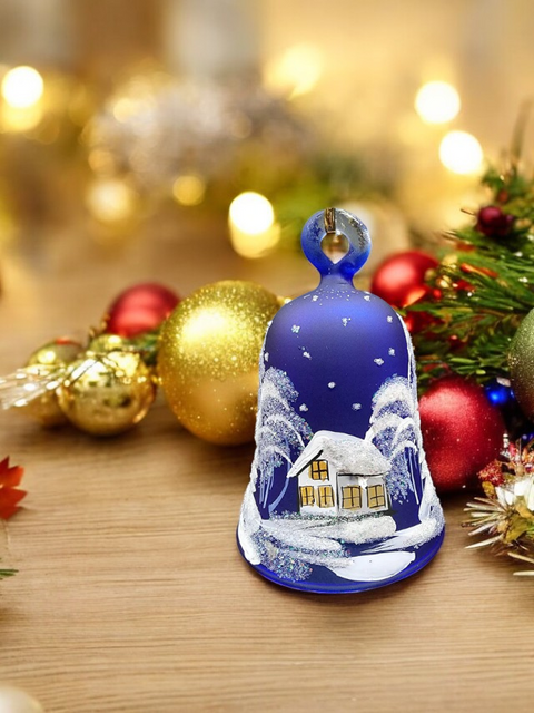 Blue Blown Glass Bell Ornament – White Church Design with Clapper