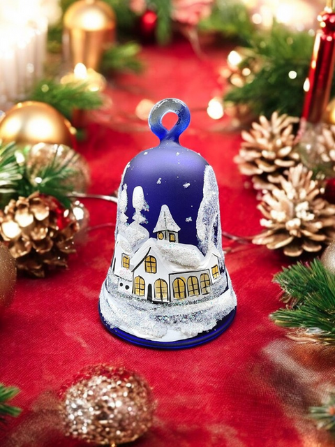 Blue Blown Glass Bell Ornament – White Church Design with Clapper