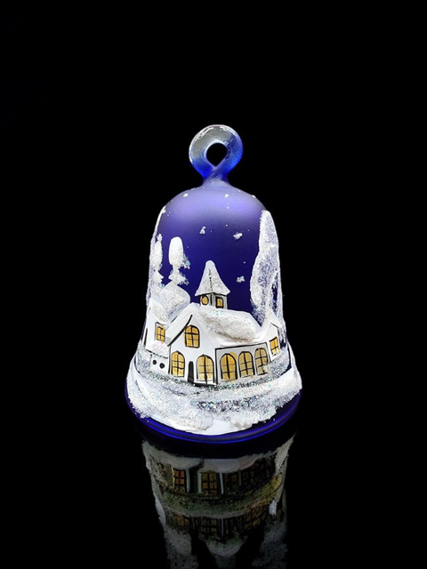 Blue Blown Glass Bell Ornament – White Church Design with Clapper