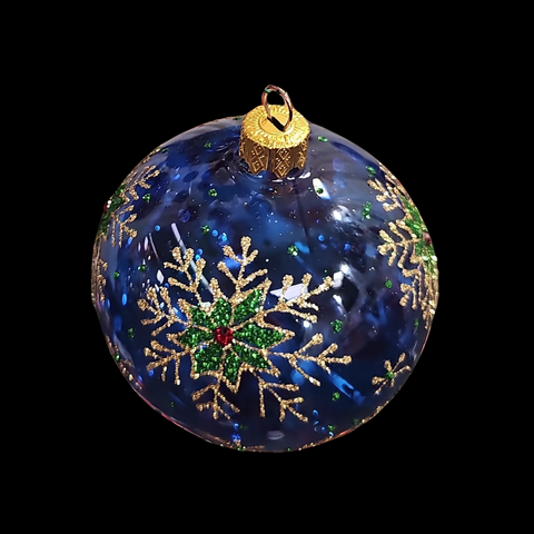 Blue Blown Glass Ornament - Green & Gold Snowflake - Blue Ornament - Hand Made In Ukraine - Hand Painted - Keepsake Ornament-Transparent Glass