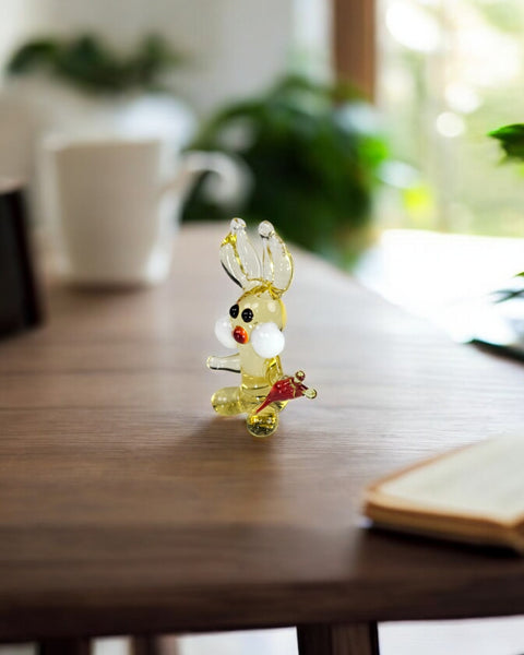 Amber Glass Rabbit W Carrot Figurine, Handmade Murano Quality Design - Small