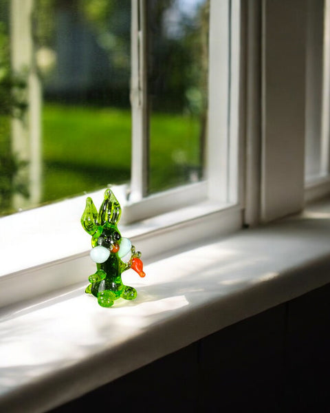 Green Glass Rabbit W Carrot Figurine, Handmade Murano Quality Design - Small