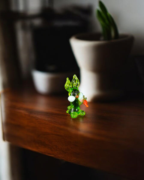 Green Rabbit W Carrot Figurine, Mini Glass Murano Quality Lampworking Glass Figurine, Hand Made In Ukraine, A Great Addition To Your Collection