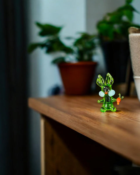 Green Rabbit W Carrot Figurine, Mini Glass Murano Quality Lampworking Glass Figurine, Hand Made In Ukraine, A Great Addition To Your Collection