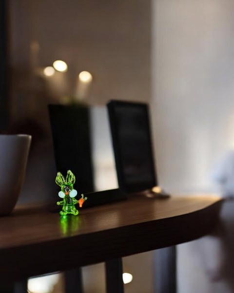Green Rabbit W Carrot Figurine, Mini Glass Murano Quality Lampworking Glass Figurine, Hand Made In Ukraine, A Great Addition To Your Collection