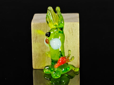 Green Rabbit W Carrot Figurine, Mini Glass Murano Quality Lampworking Glass Figurine, Hand Made In Ukraine, A Great Addition To Your Collection