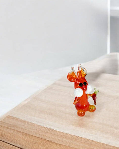 Orange Glass Rabbit W Carrot Figurine, Handmade Murano Quality Design - Small