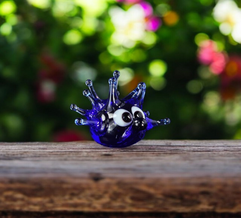 Blue Sea Urchin Figurine, Mini Glass Murano Quality Lampworking Glass Figurine, Hand Made In Ukraine, A Great Addition To Your Collection