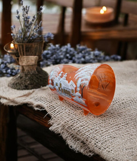 Orange Glass Single Candle Holder, Hand Crafted in Ukraine, White Cabin Winter Wonderland, Wonderful Year Round