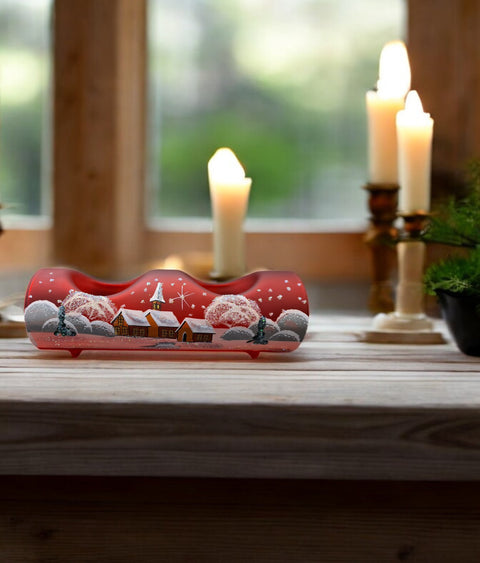 Red Candle Holder - Centerpiece Style - Double Candle Holder - Winter Wonderland - Hand Made - Log Style - Blown Glass - Brown Cottages