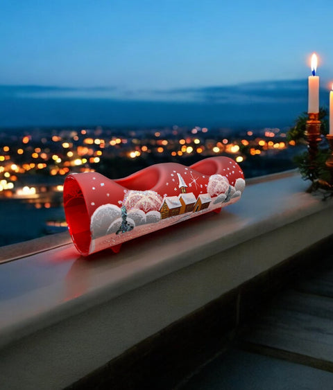 Red Candle Holder - Centerpiece Style - Double Candle Holder - Winter Wonderland - Hand Made - Log Style - Blown Glass - Brown Cottages