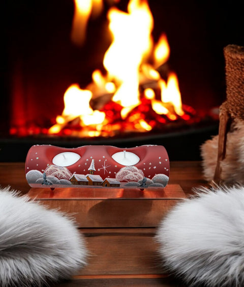 Red Candle Holder - Centerpiece Style - Double Candle Holder - Winter Wonderland - Hand Made - Log Style - Blown Glass - Brown Cottages