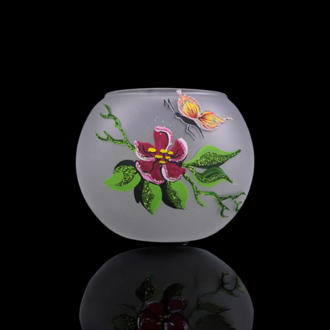 Medium Frosted Glass Candle Holder, Hand Crafted in Ukraine, Butterfly Design, Wonderful Year Round