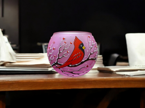 Medium Pink Glass Candle Holder, Hand Crafted in Ukraine, Cardinal, Wonderful Year Round