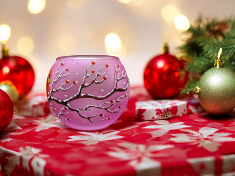 Small Pink Glass Candle Holder, Hand Crafted in Ukraine, Cardinal, Wonderful Year Round
