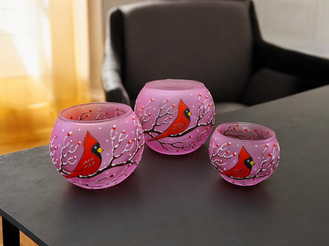 Small Pink Glass Candle Holder, Hand Crafted in Ukraine, Cardinal, Wonderful Year Round