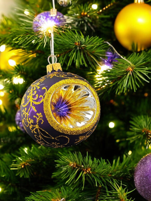 Purple Blown Glass Ornament - Handcrafted - Purple & Gold Design