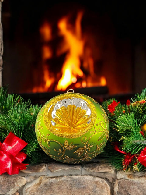 Green Blown Glass Ornament - Green & Gold - Refractor