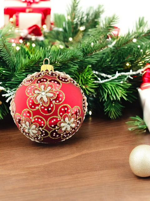 Red Blown Glass Ornament - Flower Design - Red & White Ornament - Hand Made In Ukraine - Hand Painted - Keepsake Ornament - Natural Glass