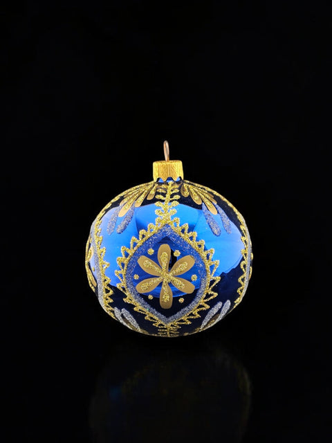 Blue Blown Glass Ornament - Handcrafted - Blue & Gold Modern Design